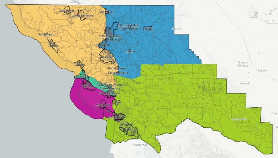 One of two finalists, the map created by Richard Patten would dramatically redraw San Luis Obispo County’s supervisor districts by splitting the current North Coast into three districts with Los Osos in one, Morro Bay in another, and Cayucos, Cambria and the rest of the region in a district with Atascadero. It would divide the city of SLO between two supervisors instead of three, but it would not have SLO represented wholly by one person, as has been the refrain of supporters of the plan. It would also separate Oceano from Nipomo in a district that runs from the southern end of Pismo Beach to the edge of Morro Bay State Park and includes the Laguna Lake and airport areas of SLO. Santa Margarita would be grouped with Templeton and Paso Robles, rather than neighboring Atascadero.