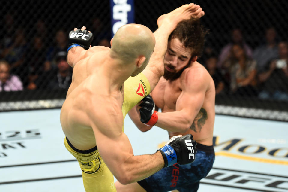 Jimmie Rivera’s winning streak ended with one swift kick from Marlon Moraes. (Getty Images)