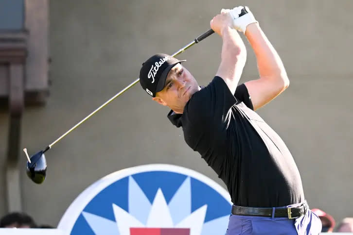 Justin Thomas hits his tee shot on the first hole on the North Course during the second round of the Farmers Insurance Open golf tournament, Thursday Jan. 27, 2022, in San Diego. (AP Photo/Denis Poroy)