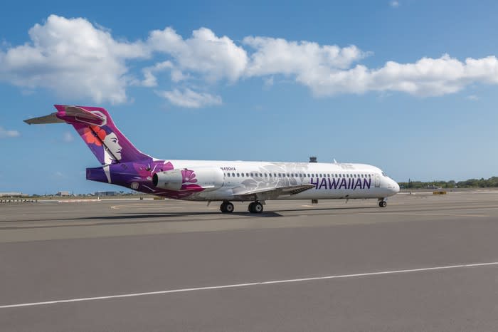 A Hawaiian Airlines jet on the ground