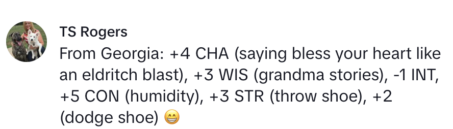 Text summary: TS Rogers' humorous take on attributes gained from Georgia: charisma from heat, wisdom from stories, less intelligence, constitution from humidity, strength, and dexterity