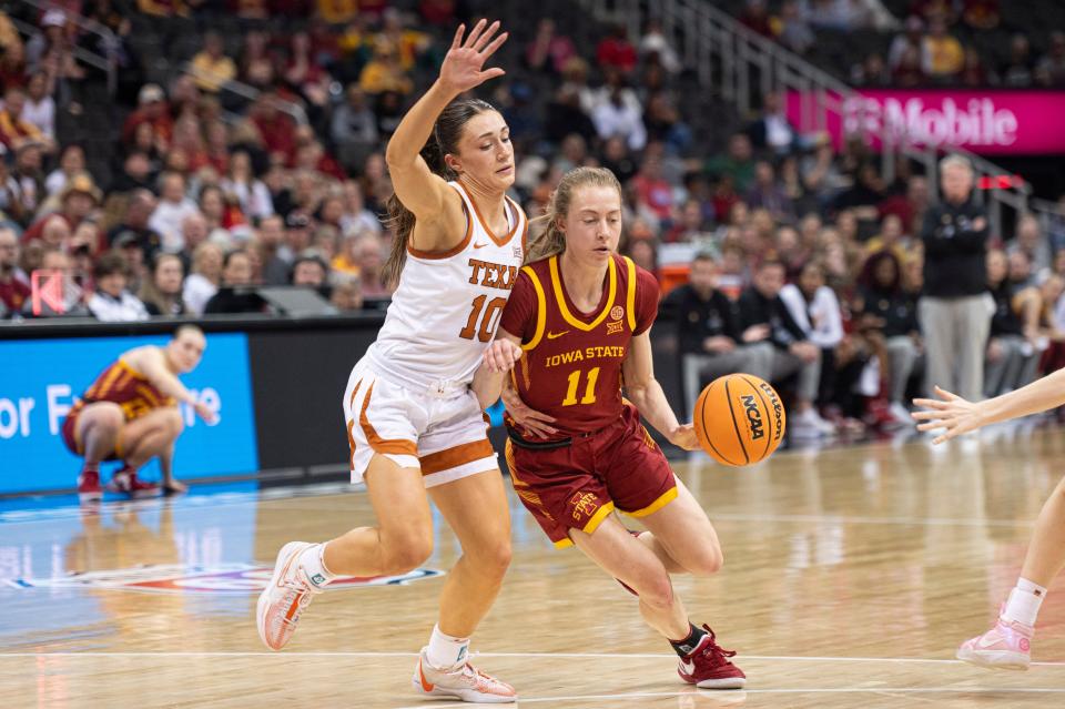 Iowa State's Emily Ryan drives against Texas on Tuesday in the Big 12 championship game in Kansas City.