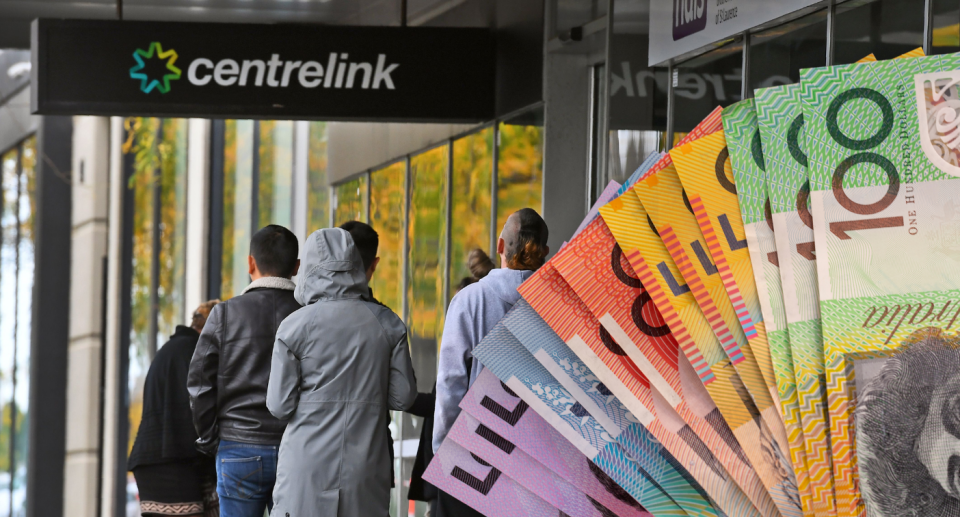 Centrelink sign with people outside with a wad of cash overlayed
