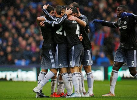 Football Soccer - Crystal Palace v Chelsea - Barclays Premier League - Selhurst Park - 3/1/16 Oscar celebrates with team mates after scoring the first goal for Chelsea Action Images via Reuters / John Sibley Livepic