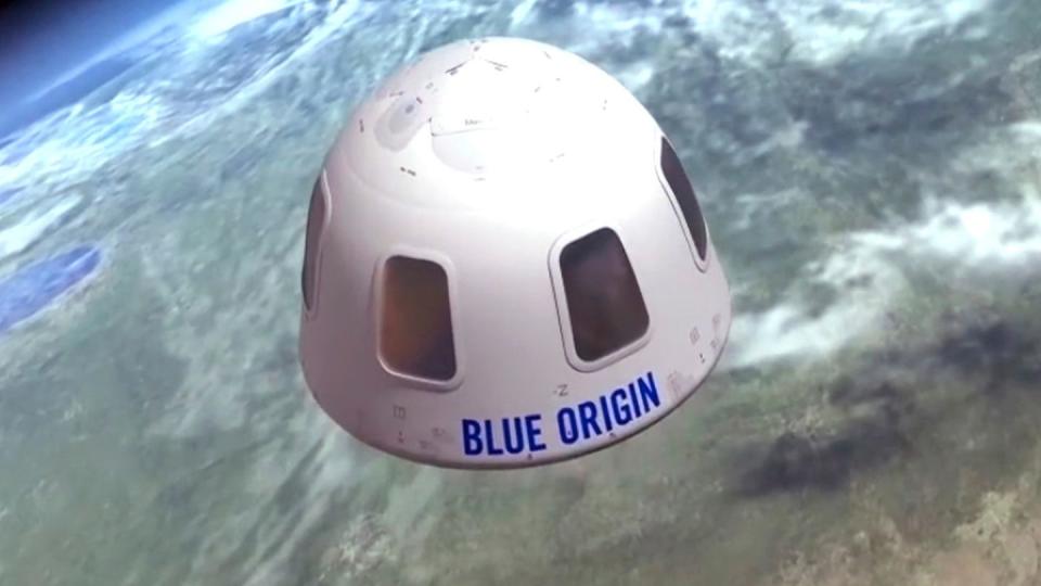 Diese undatierte Illustration von Blue Origin zeigt die Kapsel, mit der die Firma Touristen ins All bringen will. Ein Sitzplatz für den ersten bemannten Weltraumflug ist für 28 Millionen US-Dollar versteigert worden.