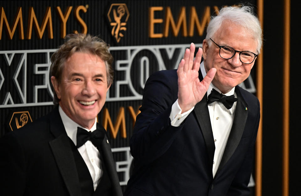 US actor Martin Short (L) and US actor Steve Martin arrive for the 75th Emmy Awards at the Peacock Theatre at L.A. Live in Los Angeles on January 15, 2024. (Photo by Frederic J. Brown / AFP) (Photo by FREDERIC J. BROWN/AFP via Getty Images)
