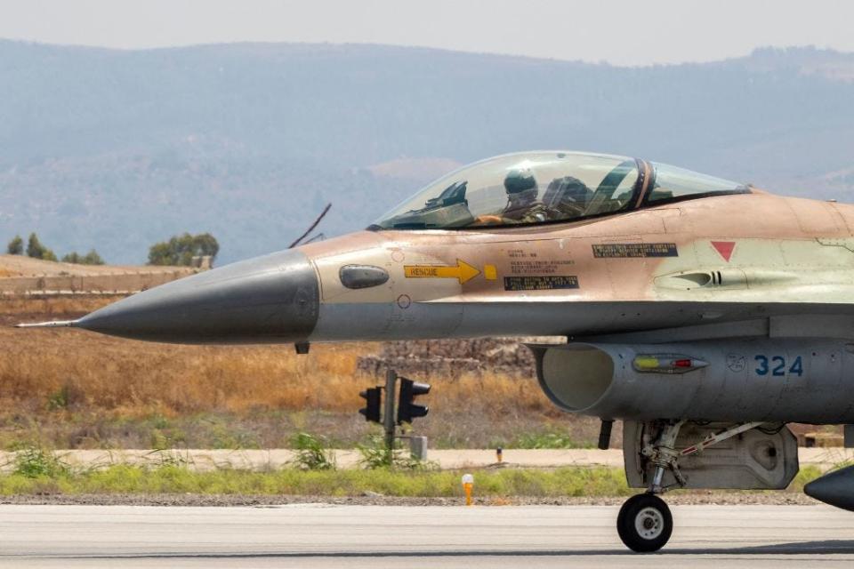 A picture taken on June 28, 2016 shows an Israeli Air Force F-16 fighter jet preparing to take off at the Ramat David Air Force Base located in the Jezreel Valley, southeast of the Israeli port city of Haifa