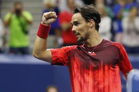 Sep 4, 2015; New York, NY, USA; Fabio Fognini of Italy reacts after his match against Rafael Nadal of Spain (not pictured) on day five of the 2015 U.S. Open tennis tournament at USTA Billie Jean King National Tennis Center. Fognini won 3-6, 4-6, 6-4, 6-3, 6-4. Mandatory Credit: Geoff Burke-USA TODAY Sports