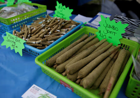 FILE PHOTO: Various-sized joints for sale are pictured at the annual 4/20 marijuana event at Sunset Beach in Vancouver, British Columbia, Canada on April 20, 2017. REUTERS/Jason Redmond/File Photo