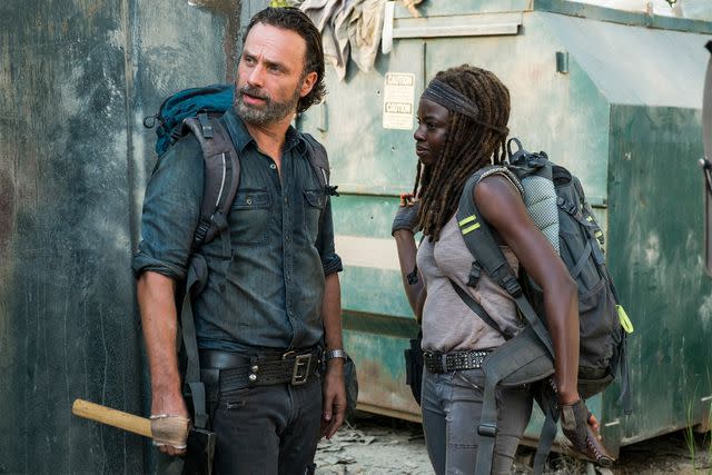 <p>Gene Page/AMC</p> Andrew Lincoln as Rick Grimes and Danai Gurira as Michonne on 'The Walking Dead'