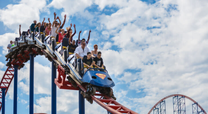 Customers riding a rollercoaster at a Six Flags park in Maryland.