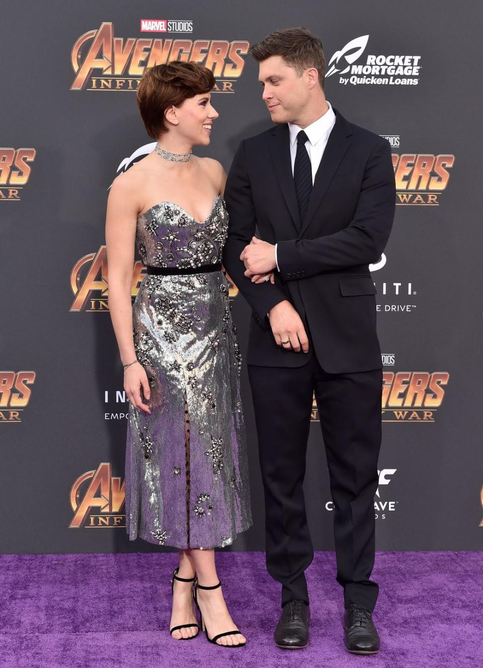 <p>The couple made their red carpet debut as a couple at the Los Angeles-based premiere of the film Avengers: Infinity War, in which Johansson starred. </p><p>For the event, Johansson wore a striking metallic dress, complete with embellishment, from Erdem's AW18 collection. </p>