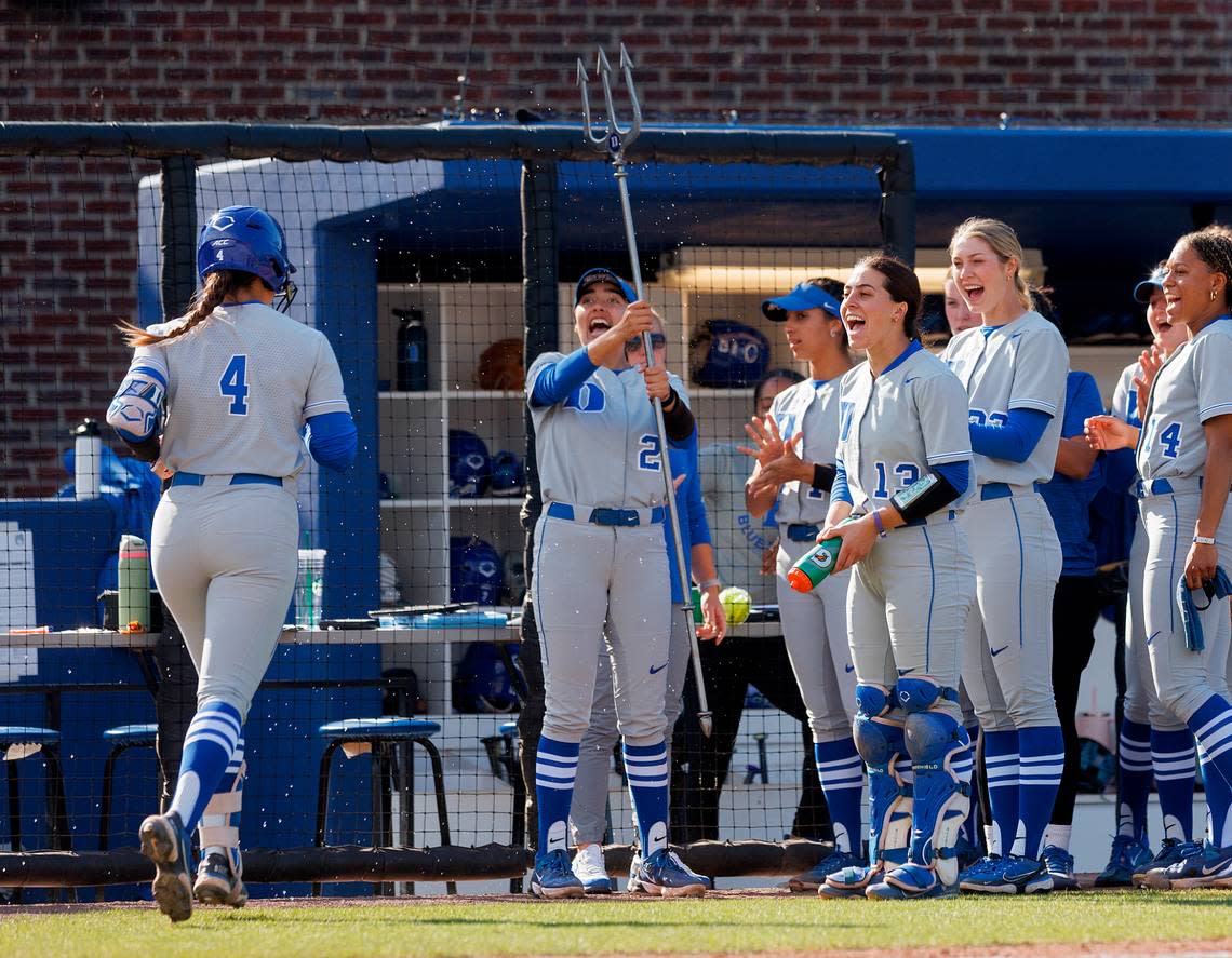 Duke’s Ana Gold is congratulated by teammates after a two-run home run in the fourth inning of the Blue Devils’ 6-0 win over Longwood on Wednesday, April 24, 2024, in Durham, N.C. Kaitlin McKeown/kmckeown@newsobserver.com