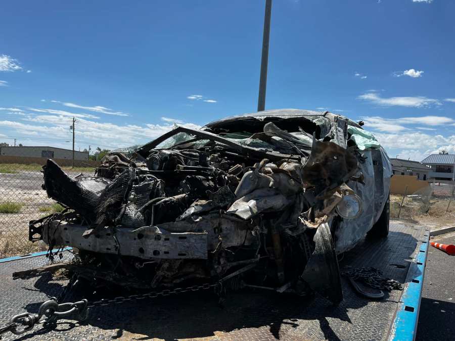 The wreckage of a Dodge Challenger that crashed during a street race on Jones Boulevard just north of Sahara Avenue. (Las Vegas Metropolitan Police Department)