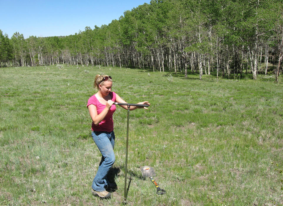 In this photo taken July 18, 2008, and provided by the U.S. Geological Survey, Lindsay Shirk, at the time a student at Delaware Valley College, collects soil in Wyoming. The federal government sent students and scientists to more than 4,800 places across the nation to collect soil that was analyzed for its composition. The results are now highly sought after by researchers in a wide variety of fields. (AP Photo/U.S. Geological Survey)