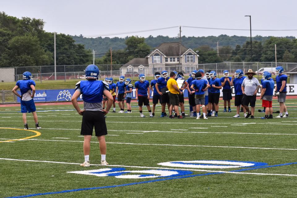 Pleasant Valley football players participate in a practice in Brodheadsville on Tuesday, Aug. 10, 2021.