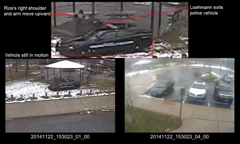 This photo of a combination of still images taken from a surveillance video shows officers arriving at Cudell Park on a report of a man with a gun. Photo: Cuyahoga County Prosecutor's Office