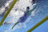 Katie Ledecky, of the United States, swims to the gold medal in the women's 800-meter freestyle final at the 2020 Summer Olympics, Saturday, July 31, 2021, in Tokyo, Japan. (AP Photo/Jeff Roberson)