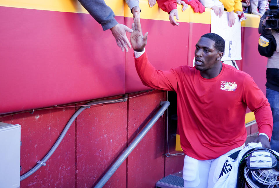 Dec 12, 2021; Kansas City, Missouri, USA; Kansas City Chiefs defensive end Tershawn Wharton (98) greets fans while leaving the field after the win over the Las Vegas Raiders at GEHA Field at Arrowhead Stadium. Mandatory Credit: Denny Medley-USA TODAY Sports
