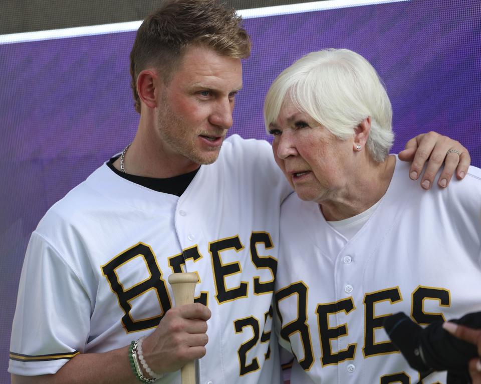 Zane Miller speaks with his grandmother, Gail, following the celebration and groundbreaking event for the new Salt Lake Bees ballpark and Phase 1 of Downtown Daybreak in South Jordan on Thursday, Oct. 19, 2023. | Laura Seitz, Deseret News