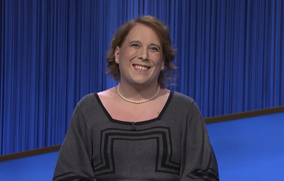 This image provided by Jeopardy Productions, Inc. shows game show champion Amy Schneider on the set of "Jeopardy!" Schneider is the first trans person to qualify for the show's Tournament of Champions. (Jeopardy Productions, Inc. via AP)