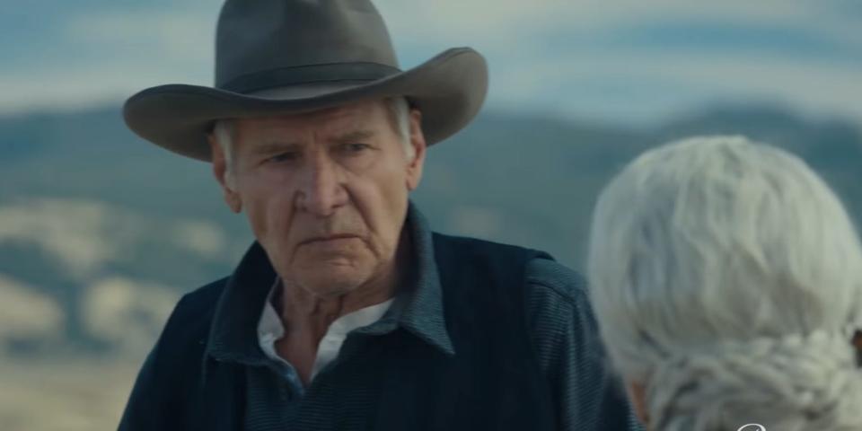 Jacob (Harrison Ford) and Cara (Helen Mirren) argue about how to protect the ranch.