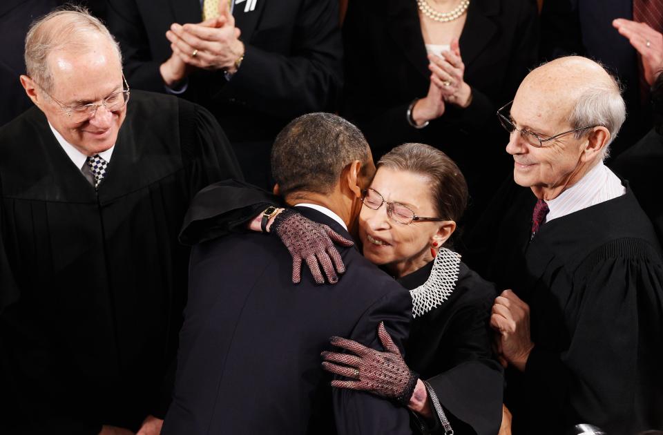 U.S President Barack Obama greets Supreme Court Justices Anthony Kennedy, Ruth Bader Ginsburg and Stephen Breyer before the State of the Union address on Capitol Hill on January 25, 2011 in Washington, DC. 