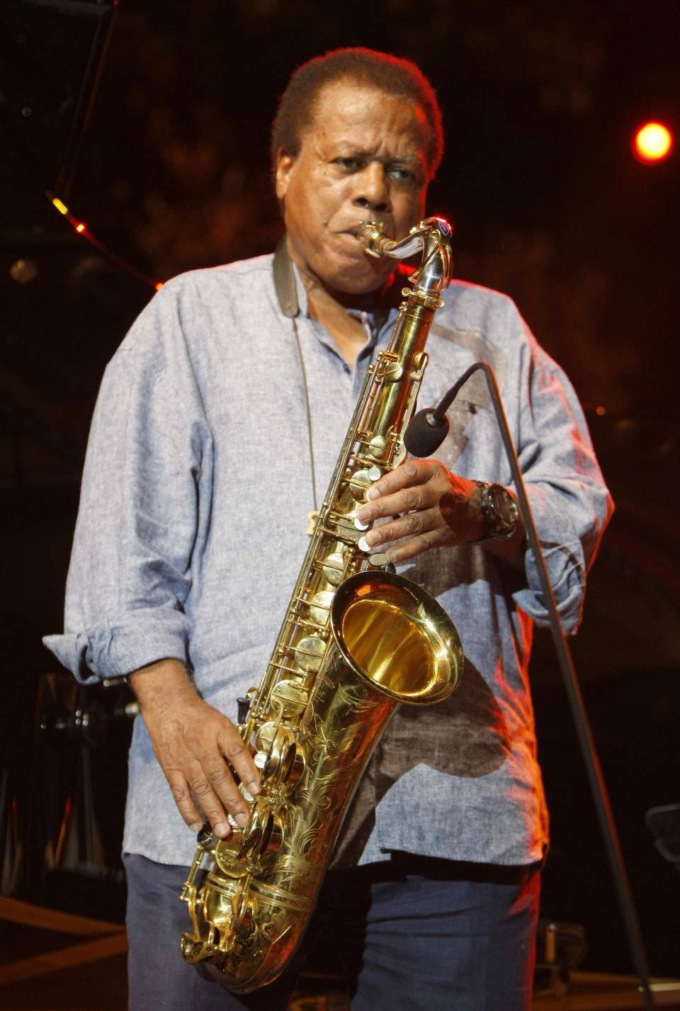 FILE - This July 23, 2013 file photo shows jazz saxophonist Wayne Shorter performing at the 5 Continents Jazz Festival, in Marseille , southern France. Shorter and composer-arranger Maria Schneider are each triple winners in the 2014 Jazz Awards presented by the Jazz Journalists Association. Shorter won for musician of the year, best album ("Without A Net"), and top midsize ensemble. (AP Photo/Claude Paris, File)