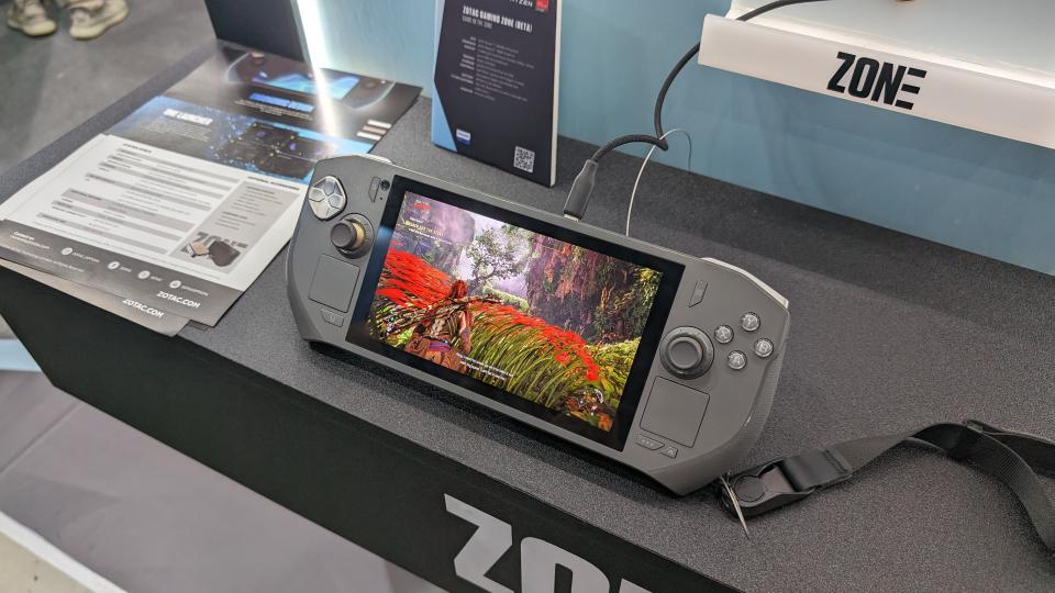 The Zotac Zone handheld gaming PC on the Zotac stand at Computex 2024.