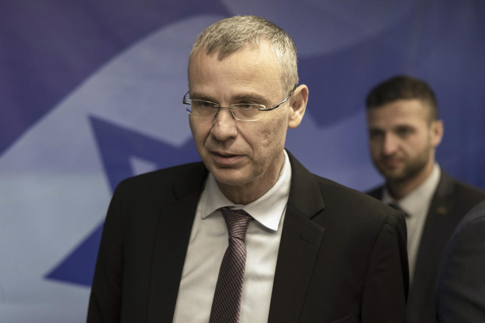 Israeli Justice Minister Yariv Levin attends a weekly cabinet meeting at the Prime Minister's office in Jerusalem on Sunday, Jan. 15, 2023. (Menahem Kahana/Pool Photo via AP)