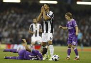 <p>Juventus’ Sami Khedira reacts after conceding a free kick for a challenge on Real Madrid’s Casemiro during the Champions League final soccer match between Juventus and Real Madrid at the Millennium stadium in Cardiff, Wales </p>