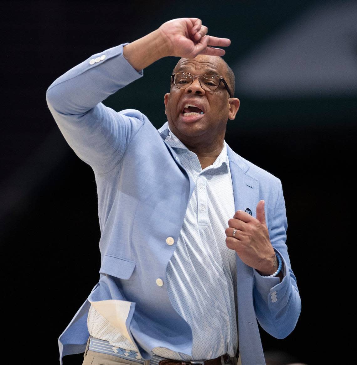 North Carolina coach Hubert Davis directs his team on defense during the first half against Michigan State on Saturday, March 23, 2024 during the second round of the NCAA Tournament at Spectrum Center in Charlotte, N.C.