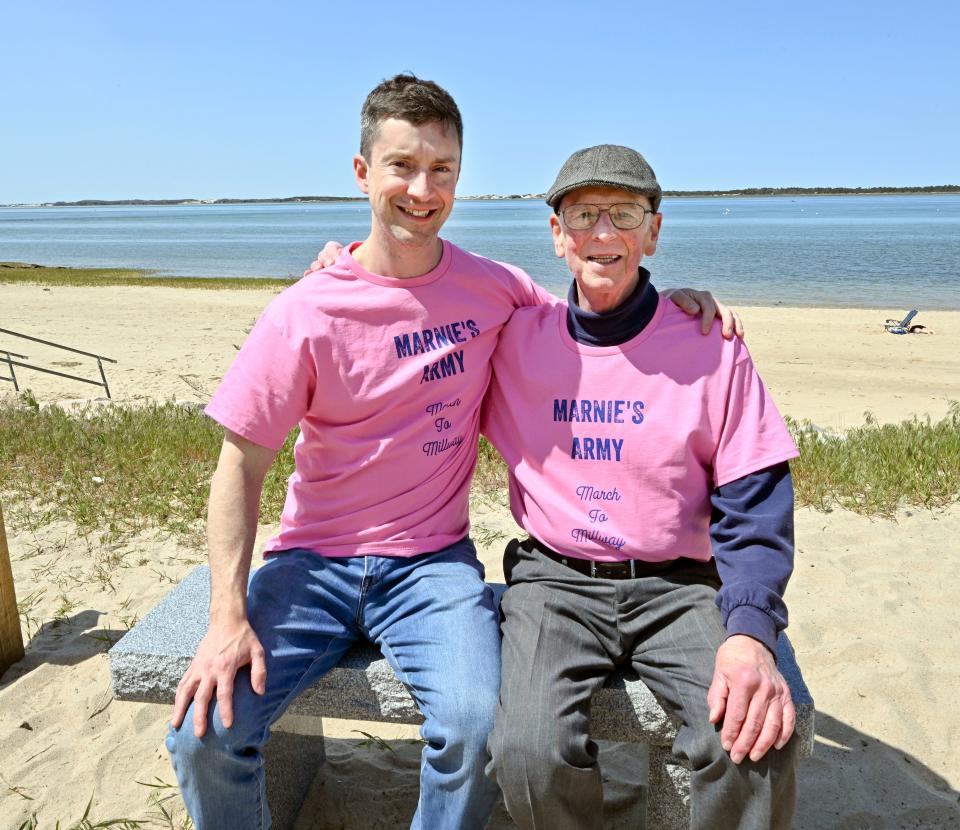 A memorial bench in honor of actress and Barnstable High School graduate Marnie Schulenburg, who died in 2022, has been placed at Millway Beach in Barnstable by her family and friends. Schulenburg's father John and brother Allan sat on the bench Thursday.