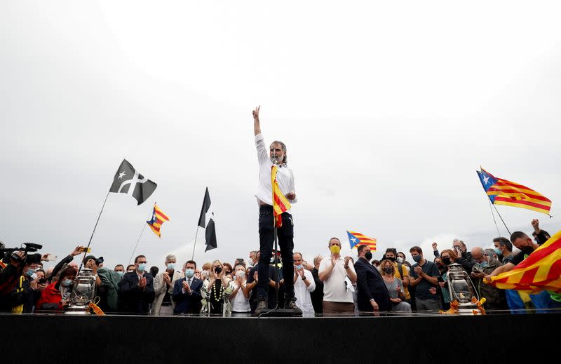 FILE PHOTO: Catalan leader Jordi Cuixart gestures after the Spanish government announced a pardon for those who participated in Catalonia's failed 2017 independence bid,