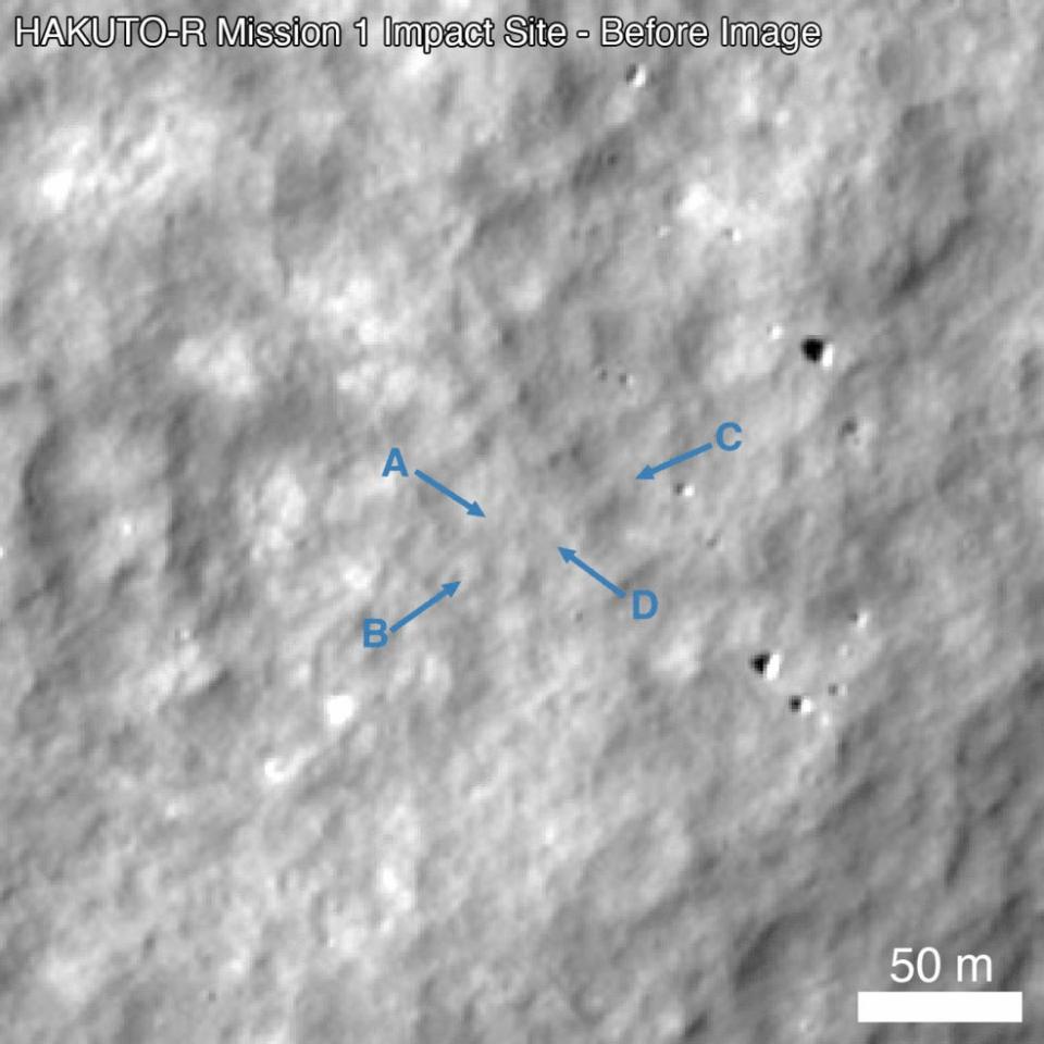 gif flashing between before and after images of the lunar surface show the appearance of four spots of debris from a lunar lander crash