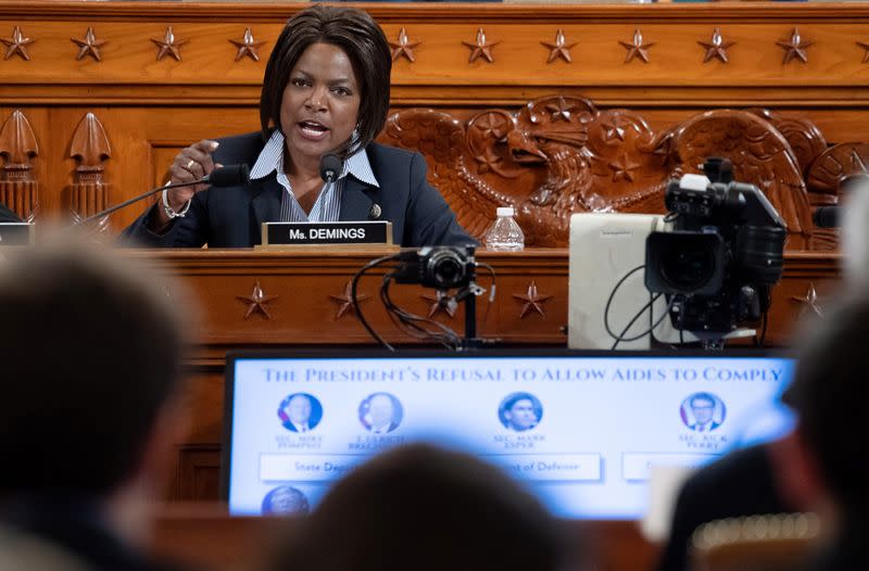 Representative Val Demings, Democrat of Florida, questions witnesses during a House Judiciary Committee hearing on the impeachment of US President Donald Trump on Capitol Hill in Washington