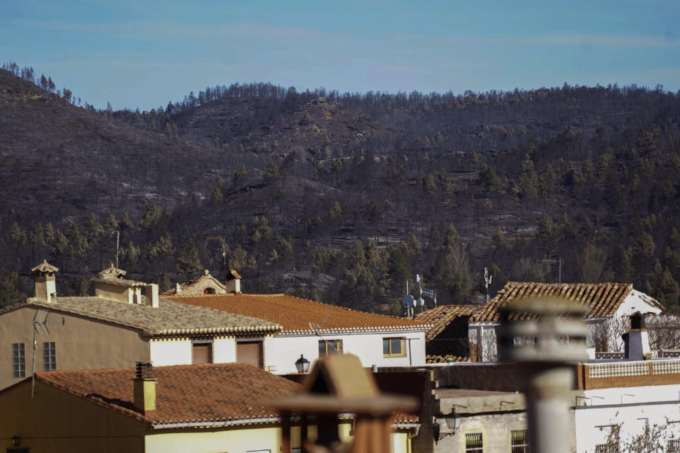 Burnt trees are visible following a fire in Fuente la Reina, Castellon de la Plana, Spain, March 29, 2023. A prolonged drought after a record-hot 2022 appears to have brought the wildfire season forward and Spanish officials are now bracing for more huge fires. (AP Photo/Alberto Saiz)