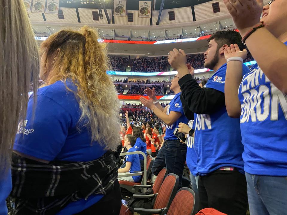 Chicago Scholars students cheer at the 2020 NBA All-Star Game. (Henry Bushnell/Yahoo Sports)