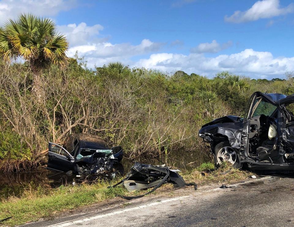 A head-on car crash killed at least one person on Southeast Bridge Road in Hobe Sound Tuesday, January 4, 2021.