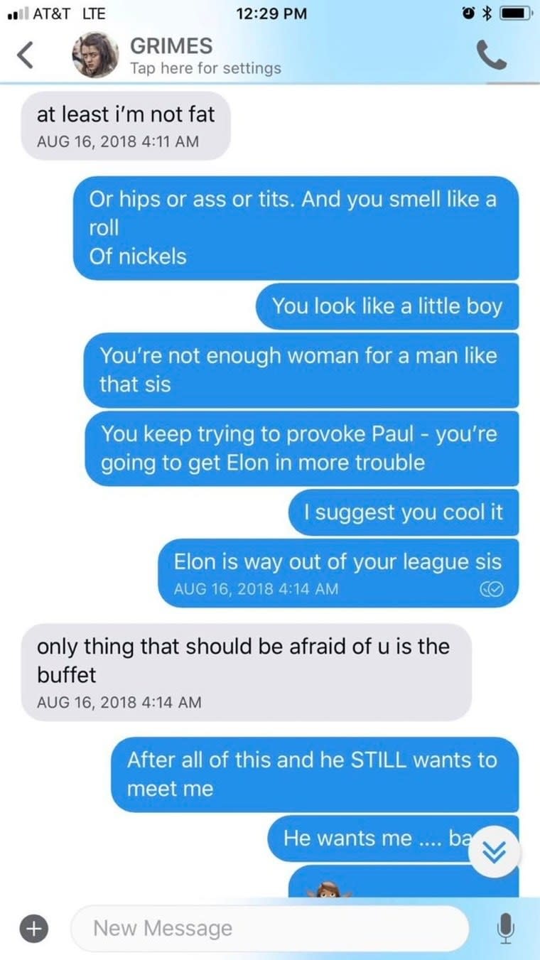 Screenshot of Azealia and Grimes texting, including Azealia telling Grimes "And you smell like a roll of nickels" and "Elon is way out of your league sis"