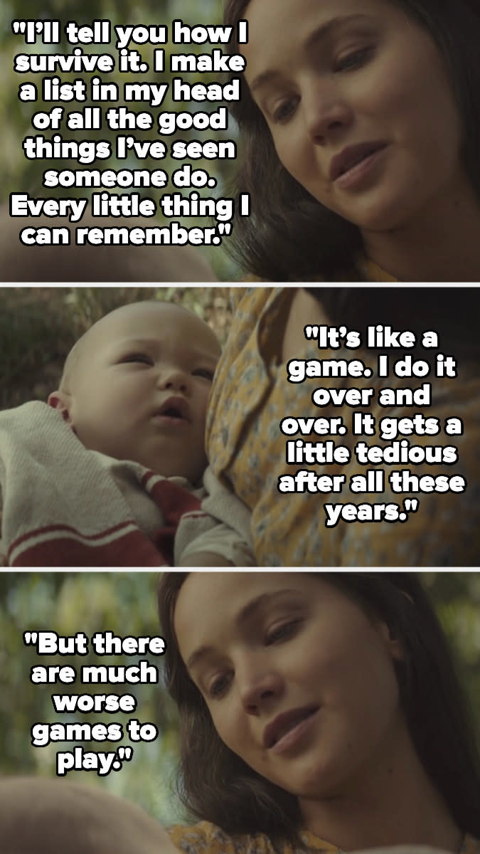 Katniss tells her baby that to get through the trauma, she plays a game in her head where she lists out every good thing she's ever seen someone do, saying it's tedious but there are much worse games to play