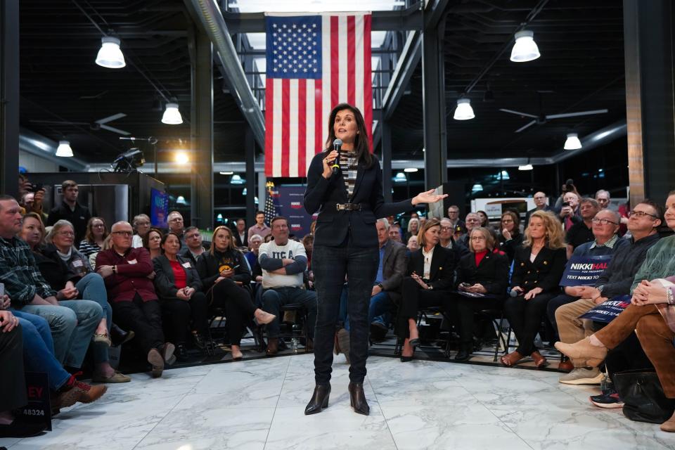 Former US ambassador to the United Nations Nikki Haley gives a speech in the middle of Royal Flooring in Urbandale on Monday, Feb. 20, 2023.