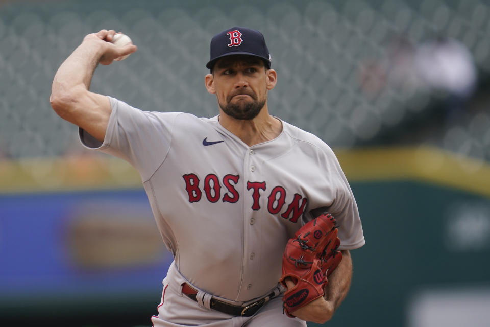 Boston Red Sox pitcher Nathan Eovaldi throws against the Detroit Tigers in the first inning of a baseball game in Detroit, Wednesday, April 13, 2022. (AP Photo/Paul Sancya)
