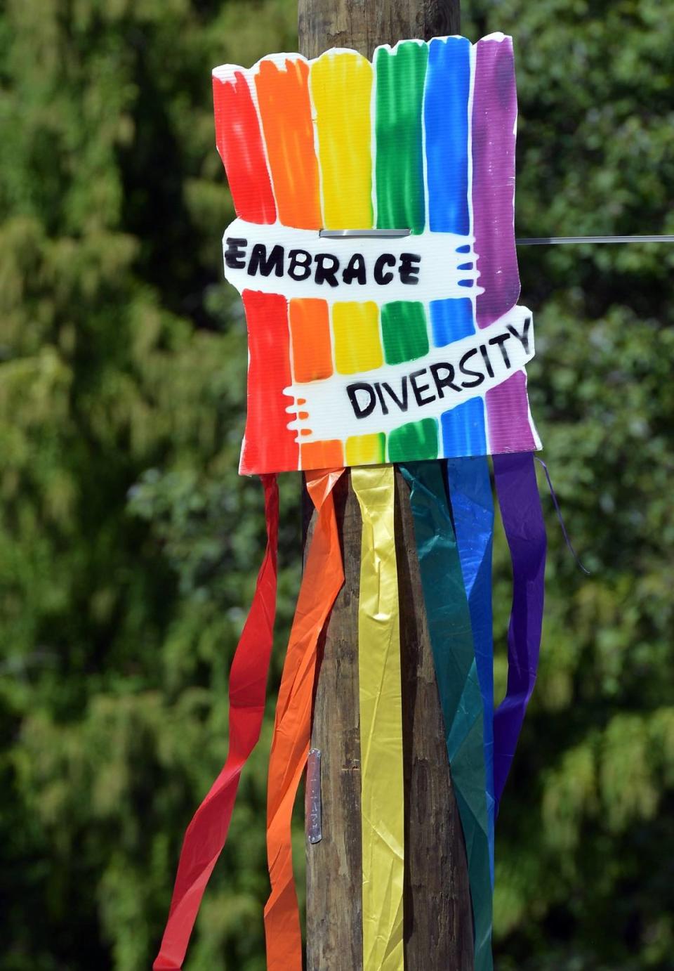 A banner adorns a power pole along Main Street in Durham, N.C. Sept. 27, 2014 during the Pride Parade. The first Pride parade in Durham was June 27, 1981, and it was called Our Day Out.