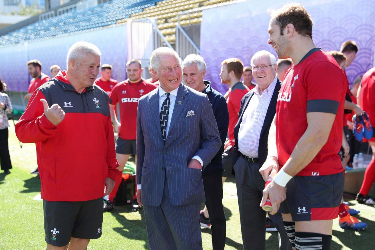 Prince Charles shares a moment with Wales head coach Warren Gatland and captain Alun Wyn Jones: AP