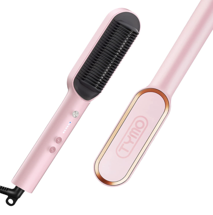 TYMO Ring Pink Hair Straightener Brush in light pink and black on white background (Photo via Amazon)