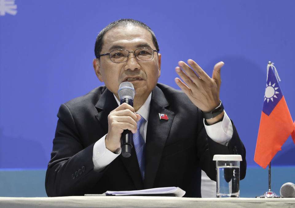 FILE - Taiwan's Nationalist Party presidential candidate Hou Yu-ih answers a question during an international press conference in New Taipei, Taiwan, on Jan. 11, 2024. Hou is the candidate from Taiwan's main opposition party Kuomintang, or KMT, whose government retreated to the island in 1949 after losing a civil war against the Chinese Communist Party. (AP Photo/Chiang Ying-ying, File)