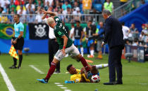 <p>Mexico’s Miguel Layun and Brazil’s Neymar during the match REUTERS/Michael Dalder </p>