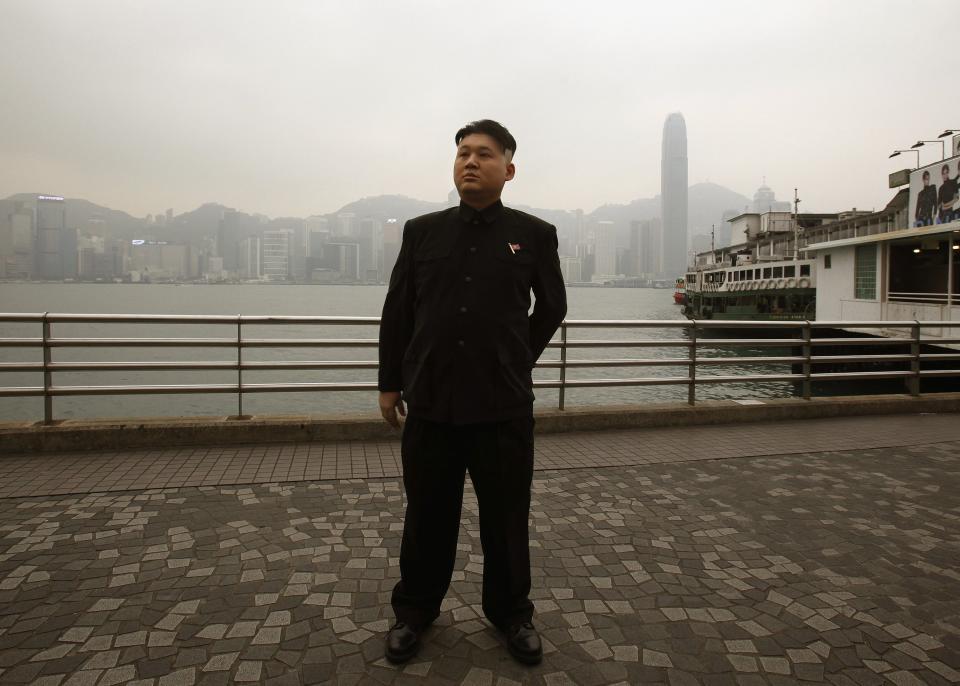 Howard appears as a Kim Jong-un lookalike on the waterfront at Hong Kong's Tsim Sha Tsui shopping district