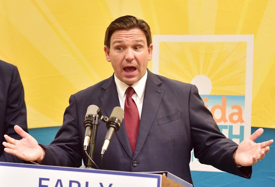 Florida Governor Ron DeSantis addresses a question from the media during a press conference in Jacksonville on Tuesday, January 4, 2022.